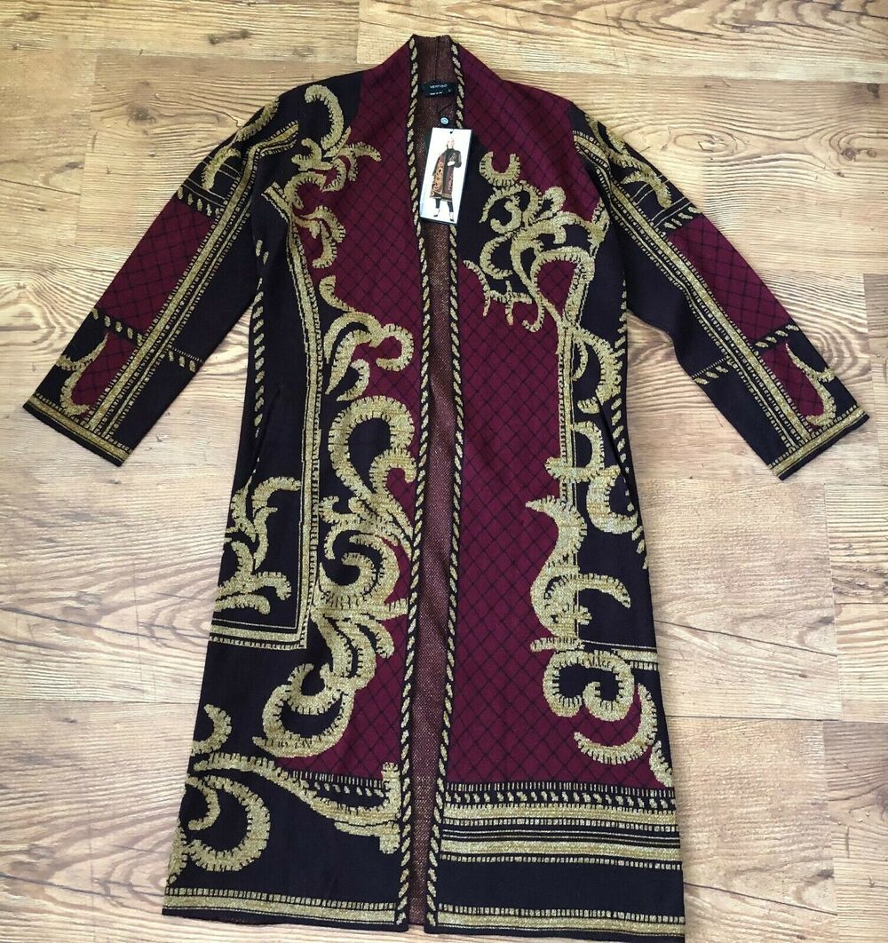 Vertigo Jacquard Black/Red/Gold Long Open Wool Blend Cardigan Sweater Size S NWT
